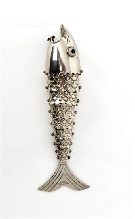 Silver Plate Gucci Articulated Fish Bottle Opener. Murano Glass 